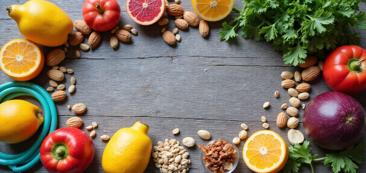 Zdrowe jedzenie i sportowe akcesoria na drewnianym stole